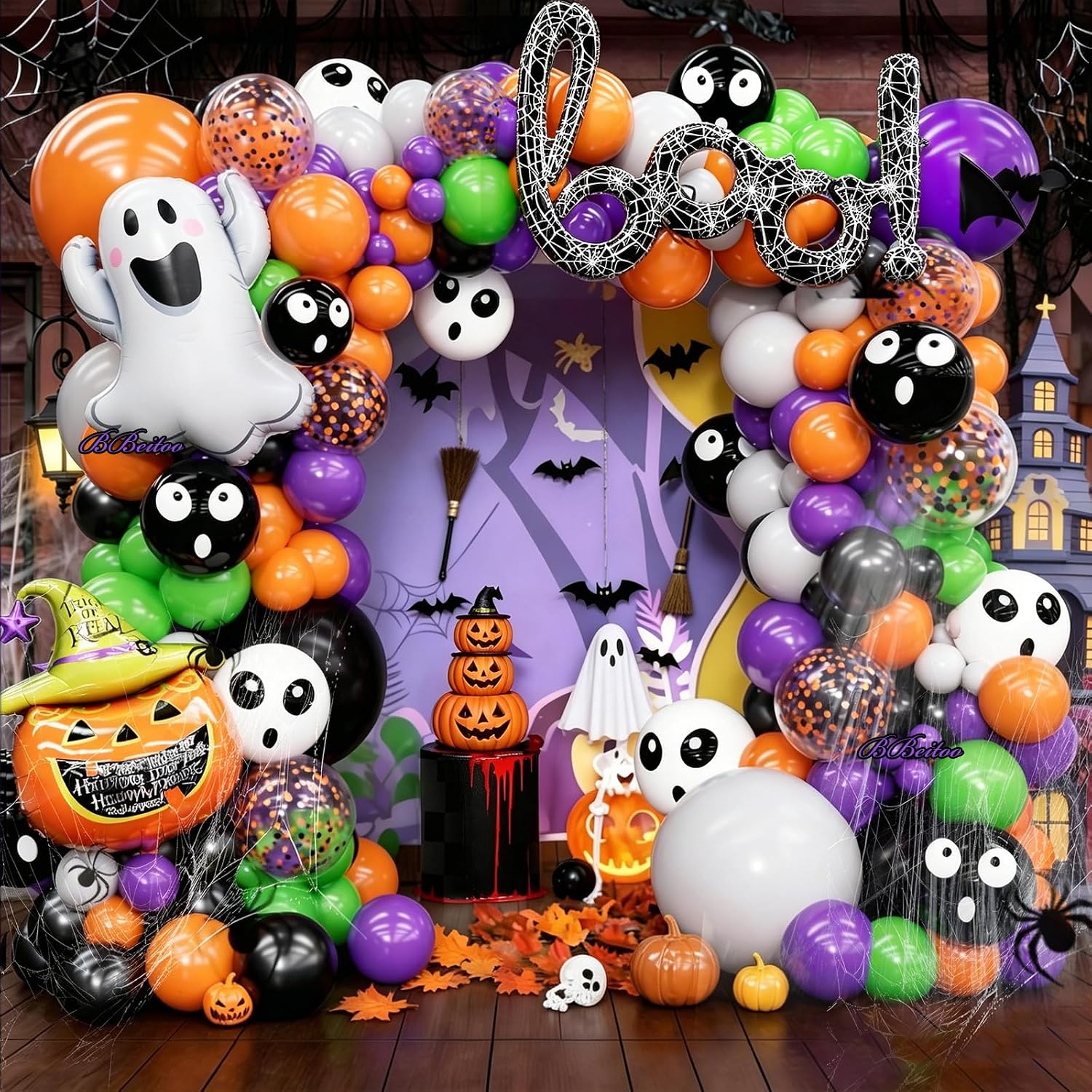Balloon Arch Kit - ชุดลูกโป่งฮาโลวีน 184 ชิ้น พร้อมลูกโป่งฟอยล์รูปผีและฟักทอง