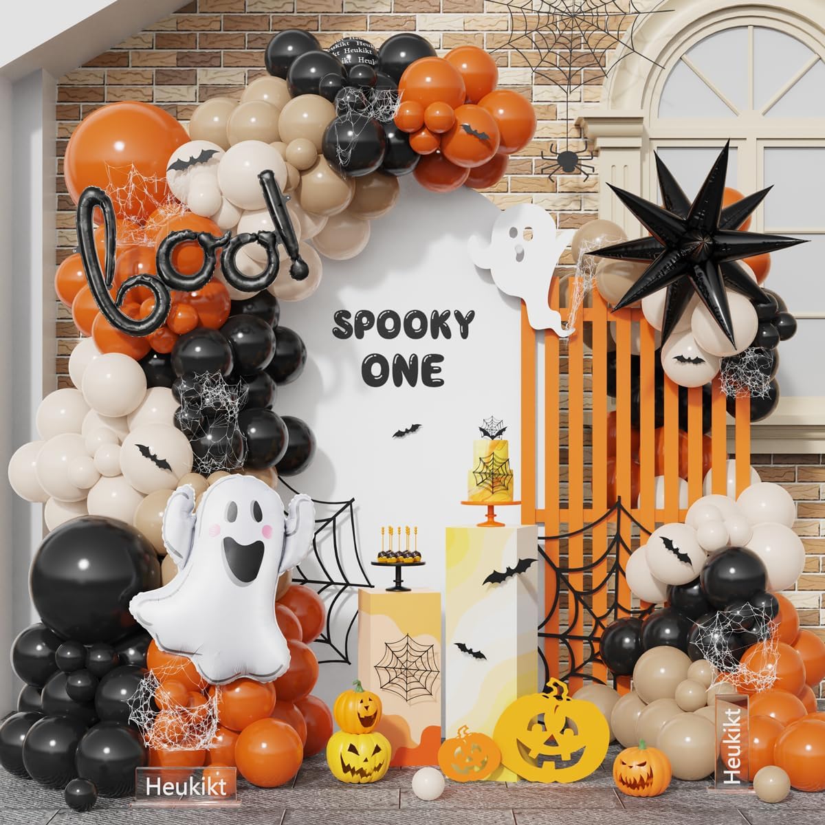 Balloon Arch Kit - ชุดตกแต่งซุ้มลูกโป่งฮาโลวีน Little BOO, ประกอบด้วยลูกโป่งลาเท็กซ์สีดำ สีส้มไหม้ และสีขาวสไตล์เรโทร