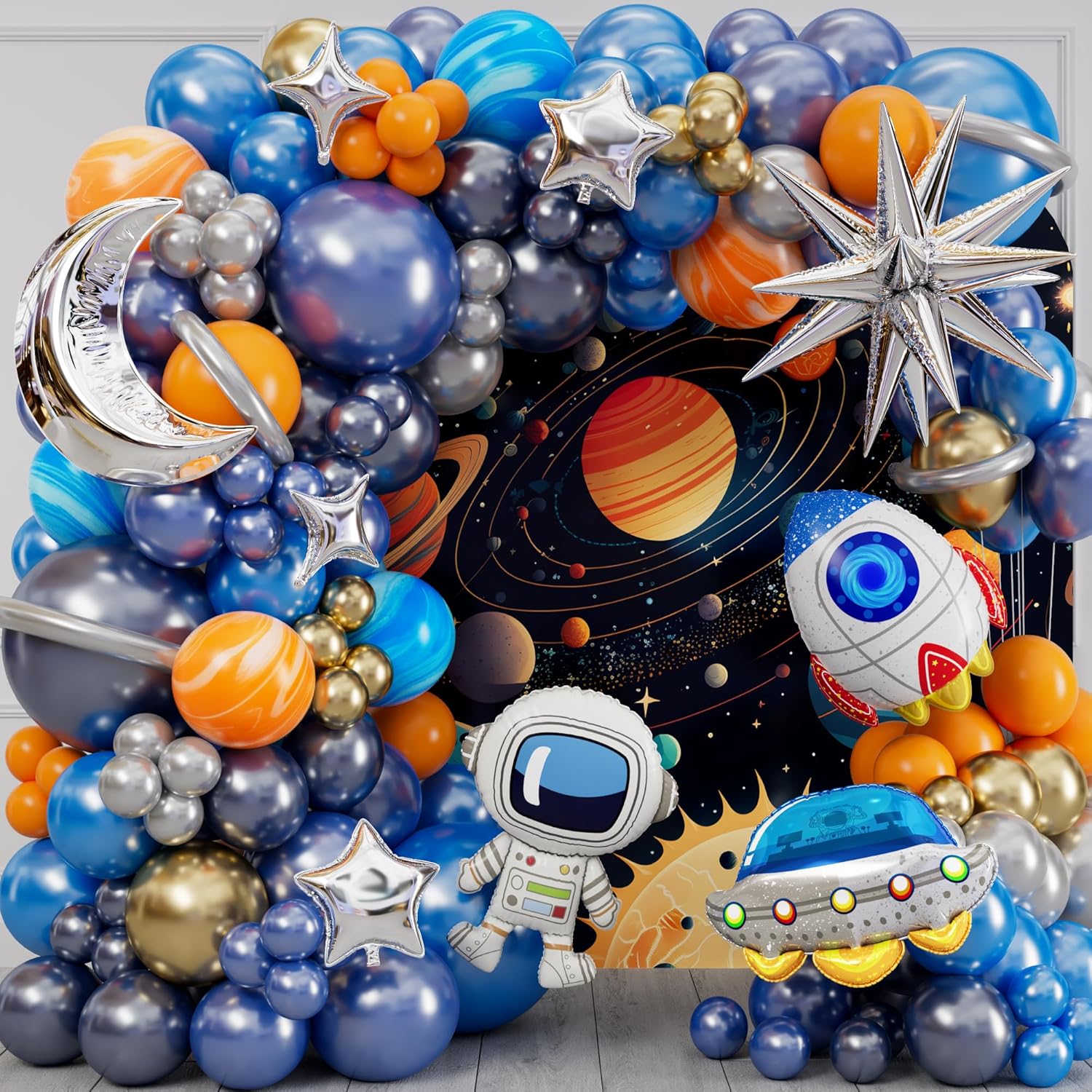 Balloon Arch Kit - ชุดตกแต่งงานวันเกิดธีมกาแล็กซี: ซุ้มลูกโป่งรูปอวกาศ ดวงจันทร์ สีฟ้า สีส้ม สีเทา