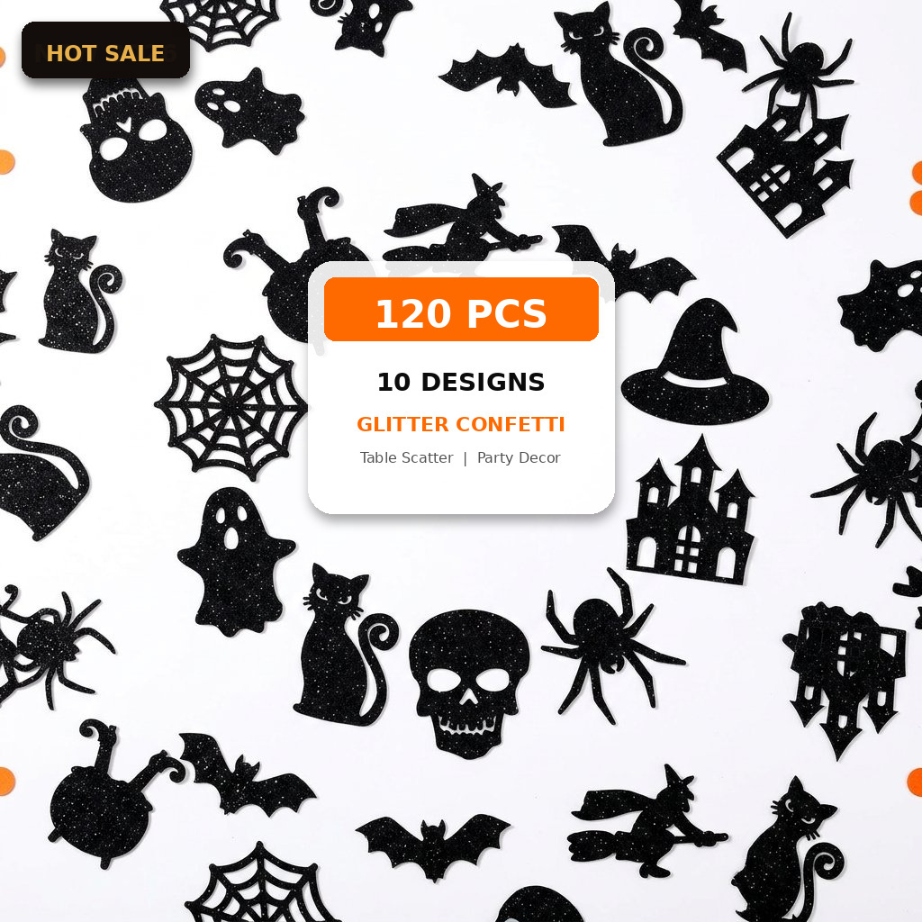 Papercraft Supply Confetti - กระดาษโปรยตกแต่งฮาโลวีน 120 ชิ้น สีดำประกายแวววาว รูปแม่มด กะโหลก